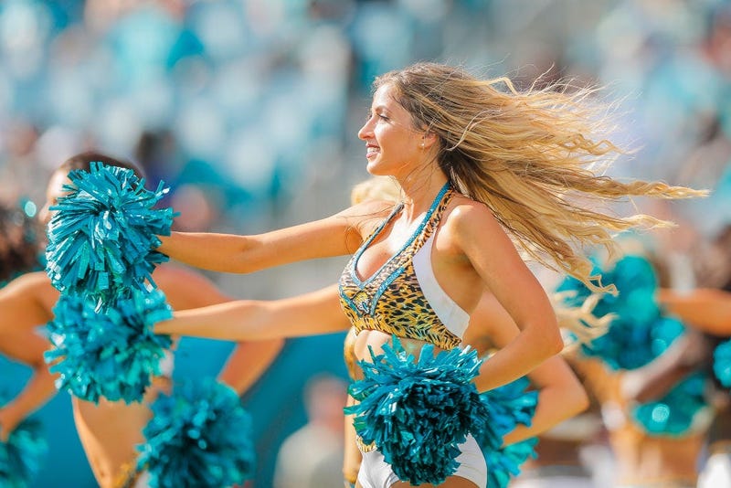 JACKSONVILLE, FLORIDA - OCTOBER 13: Jacksonville Jaguars cheerleaders perform during the third quarter of a game against the New Orleans Saints at TIAA Bank Field on October 13, 2019 in Jacksonville, Florida. (Photo by James Gilbert/Getty Images)
