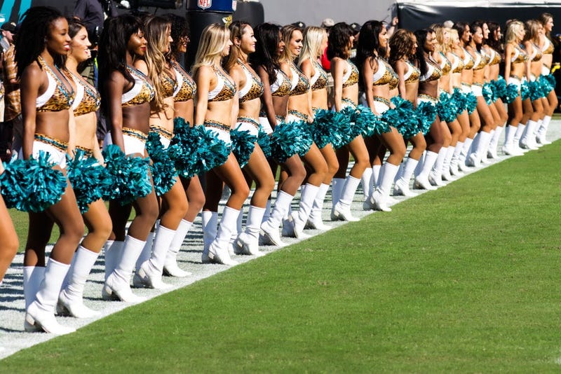 JACKSONVILLE, FLORIDA - OCTOBER 13: The Jacksonville Jaguars cheerleaders prepare to perform in the fourth quarter of the team's game against the New Orleans Saints at TIAA Bank Field on October 13, 2019 in Jacksonville, Florida. (Photo by Harry Aaron/Get
