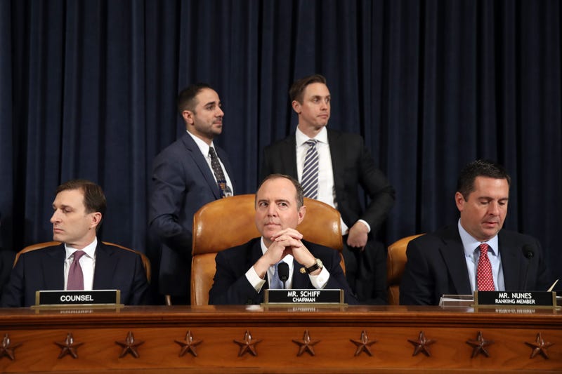 Daniel Goldman (L), attorney and director of investigations with the House Intelligence Committee, and House Intelligence Committee Chairman Adam Schiff (C) (D-CA), and U.S. House Intelligence Committee ranking member Rep. Devin Nunes (R) (R-CA). 