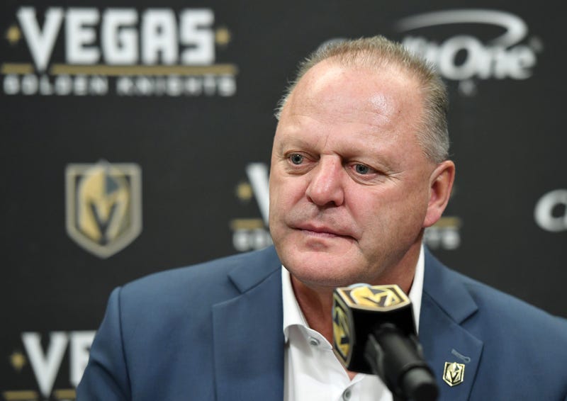 Head coach Gerard Gallant of the Vegas Golden Knights takes questions during a news conference following the team's 5-2 victory over the Anaheim Ducks at T-Mobile Arena on October 27, 2019