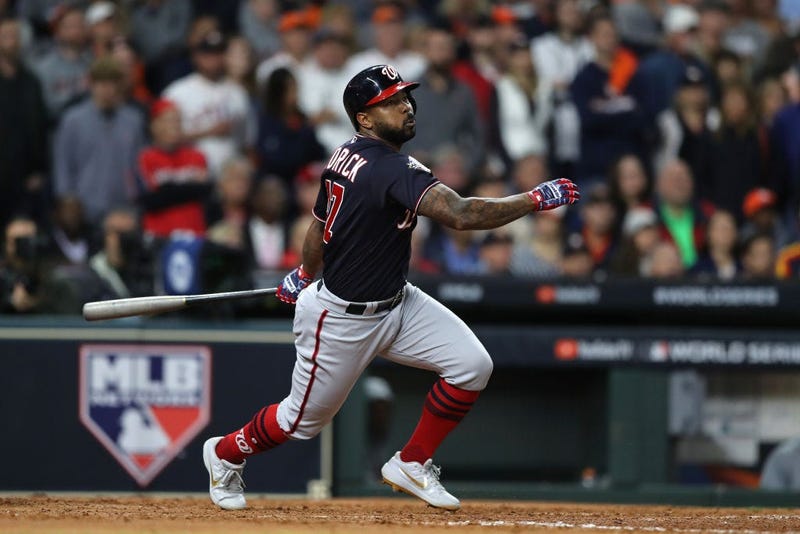 Howie Kendrick #47 of the Washington Nationals hits a two-run home run against the Houston Astros during the seventh inning in Game Seven of the 2019 World Series. 