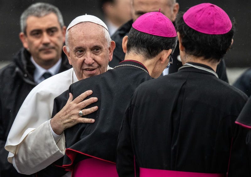 ope Francis is bade farewell by senior Catholic clergy as he prepares to board his plane before leaving Japan on the final day of his four day visit, on November 26, 2019 in Tokyo, Japan. 