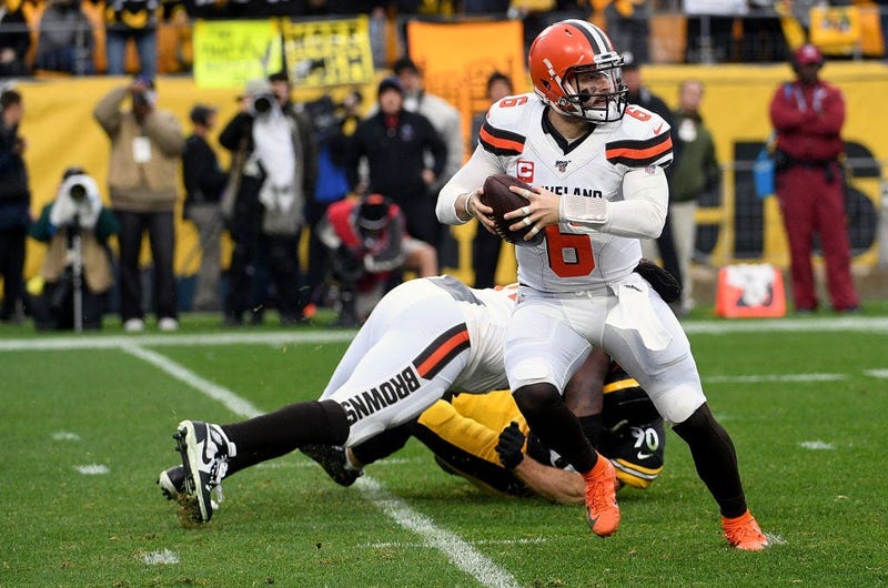 PITTSBURGH, PA - DECEMBER 01: Baker Mayfield #6 of the Cleveland Browns scrambles out of the pocket in the second quarter during the game against the Pittsburgh Steelers at Heinz Field on December 1, 2019 in Pittsburgh, Pennsylvania. (Photo by Justin Berl