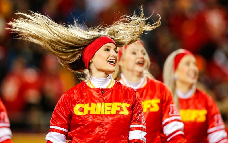 KANSAS CITY, MO - DECEMBER 01: Kansas City Chiefs cheerleaders perform during a timeout during the game against the Oakland Raiders at Arrowhead Stadium on December 1, 2019 in Kansas City, Missouri. (Photo by David Eulitt/Getty Images)