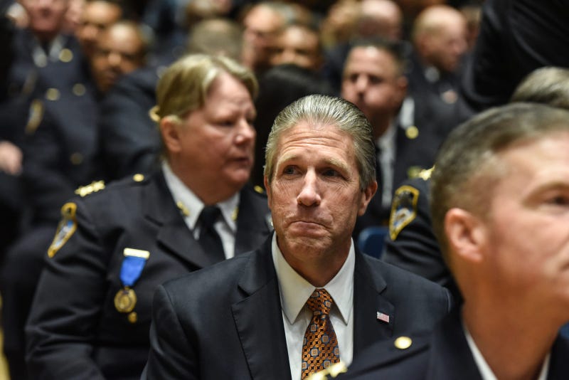 Pat Lynch (center R), head of the Police Union in New York City, attends Dermot Shea's swearing in ceremony as the new NYPD Police Commissioner on December 2, 2019 in New York City.