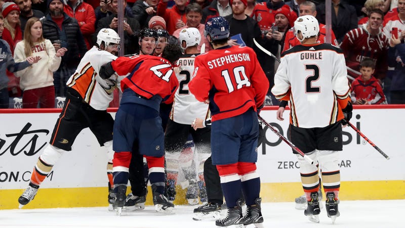 Erik Gudbranson of the Anaheim Ducks punches Garnet Hathaway of the Washington Capitals