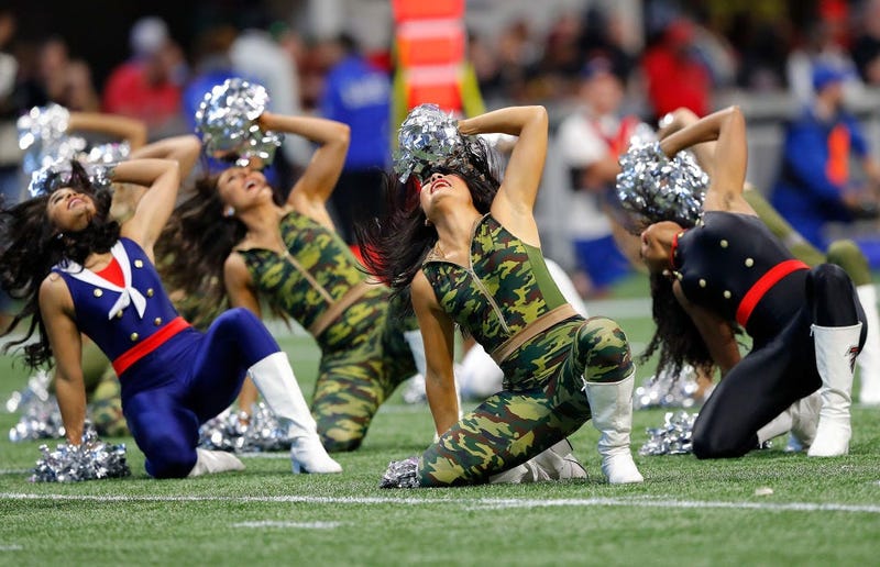 ATLANTA, GEORGIA - NOVEMBER 24: The Atlanta Falcons cheerleaders perform during the game between the Atlanta Falcons and the Tampa Bay Buccaneers at Mercedes-Benz Stadium on November 24, 2019 in Atlanta, Georgia. (Photo by Kevin C. Cox/Getty Images)