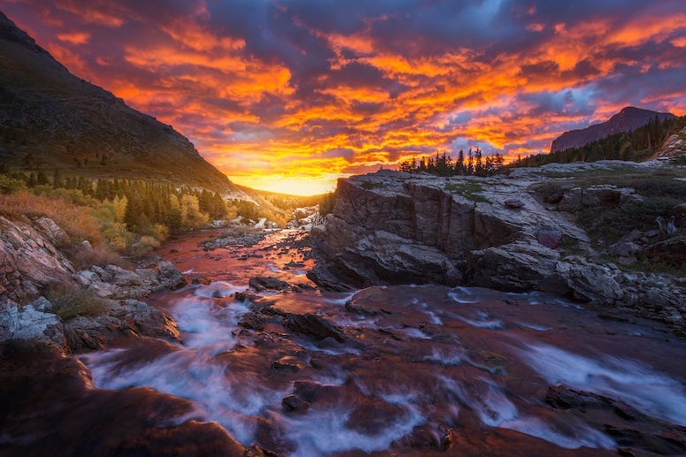 Sunrise, Swiftcurrent Falls in Many Glacier, Glacier National Park, Montana
