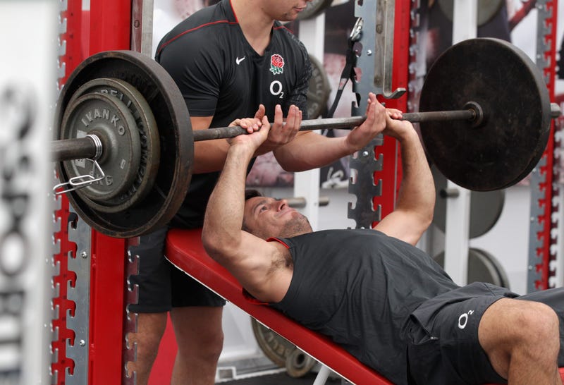 Danny Care lifts a barbell during the England training and weights session held at Pennyhill Park on July 20, 2011 in Bagshot, England.