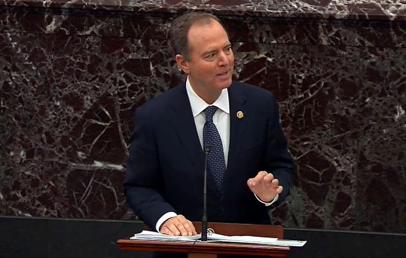 Rep. Adam Schiff speaks as part of the Democratic team arguing for President Trump's removal from office during the impeachment trial on Jan. 22, 2020.