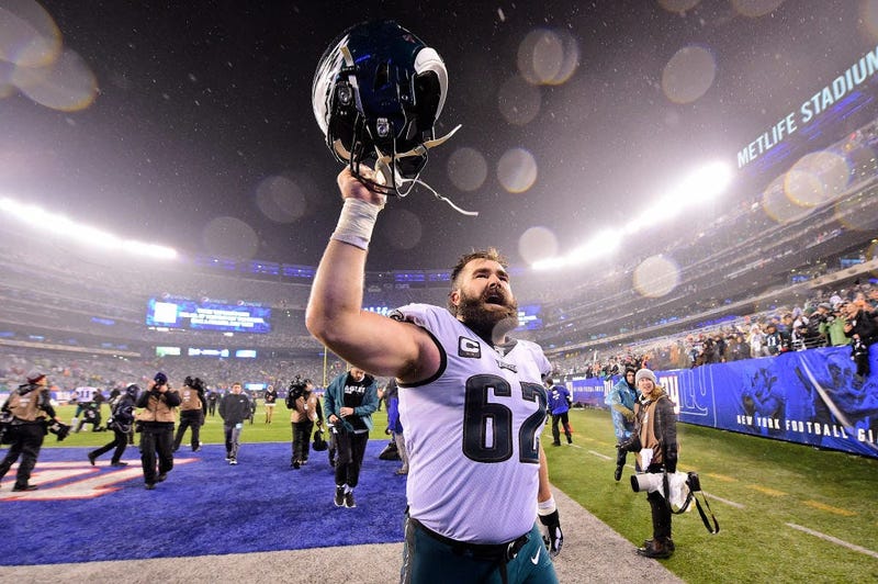 Jason Kelce #62 of the Philadelphia Eagles celebrates his teams win over the New York Giants.