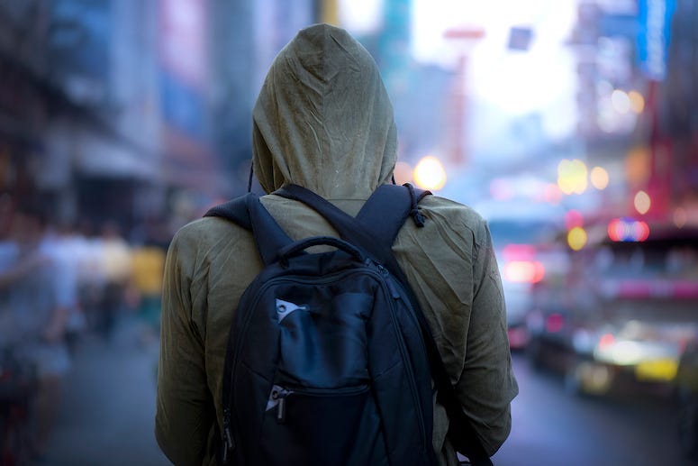 Man, Hoodie, Backpack, Street, City