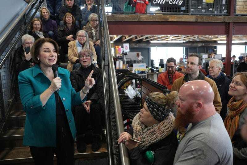  Democratic presidential candidate Sen. Amy Klobuchar (D-MN) speaks to an overflow crowd during a campaign stop at Crawford Brew Works on February 01, 2020 in Bettendorf, Iowa. Iowa's first-in-the-nation caucuses will be held on February 3.