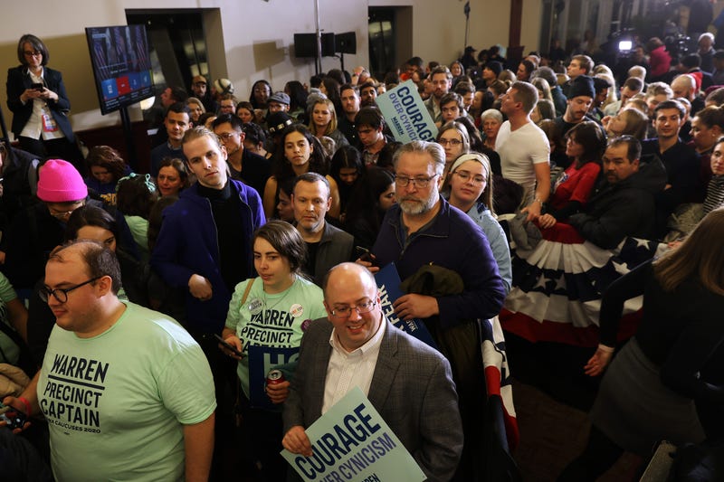 ES MOINES, IOWA - FEBRUARY 03: Supporters attend a caucus night watch party for Democratic presidential candidate Sen. Elizabeth Warren (D-MA) on February 03, 2020 in Des Moines, Iowa. Iowa is the first contest in the 2020 presidential nominating process