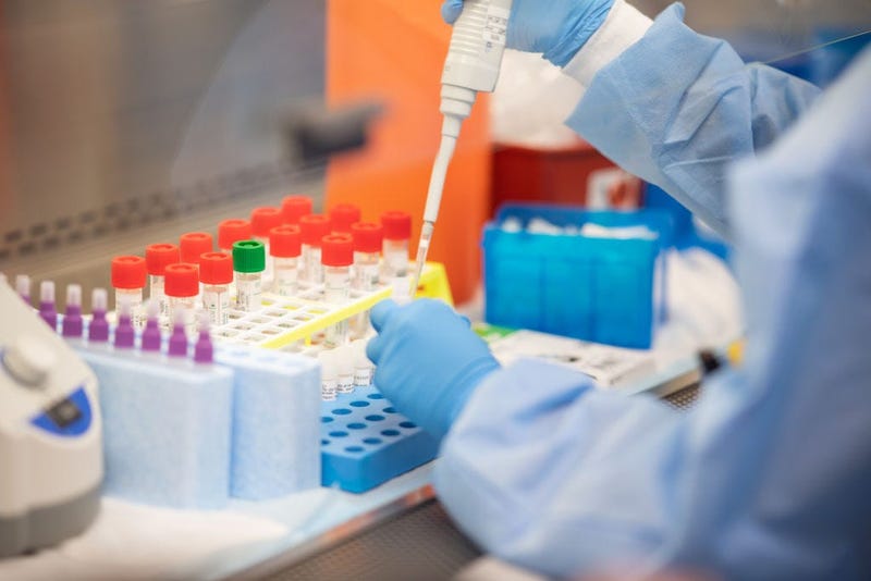 A lab technician begins semi-automated testing for COVID-19 at Northwell Health Labs 