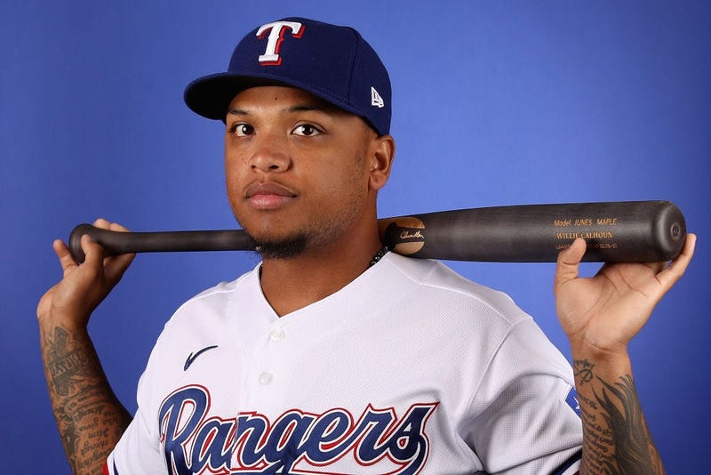 Willie Calhoun #5 of the Texas Rangers poses for a portrait during MLB media day on February 19, 2020 in Surprise, Arizona. 
