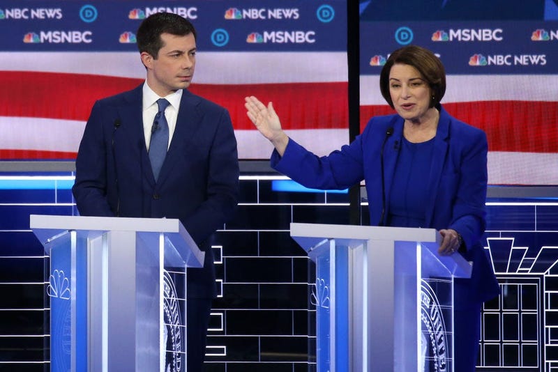 Democratic presidential candidate former South Bend, Indiana Mayor Pete Buttigieg (L) and Sen. Amy Klobuchar (D-MN) participate in the Democratic presidential primary debate at Paris Las Vegas on February 19, 2020 in Las Vegas, Nevada