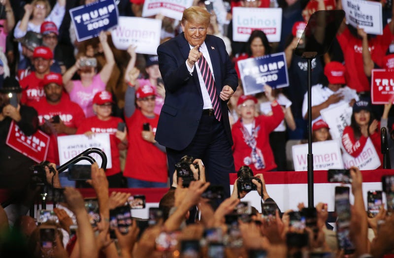 US President Donald Trump points to the crowd at a campaign rally at Las Vegas Convention Center on February 21, 2020 in Las Vegas, Nevada.