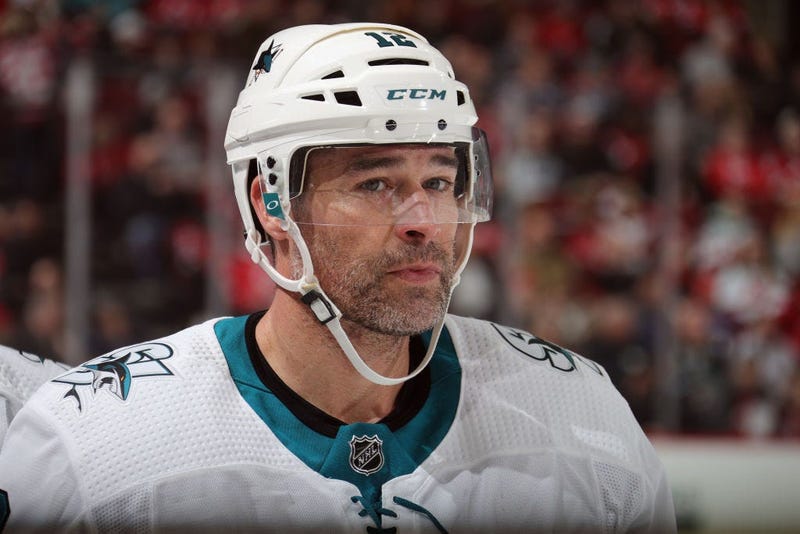 NEWARK, NEW JERSEY - FEBRUARY 20: Patrick Marleau #12 of the San Jose Sharks plays against the New Jersey Devils at the Prudential Center on February 20, 2020 in Newark, New Jersey. The Devils defeated the Sharks 2-1.