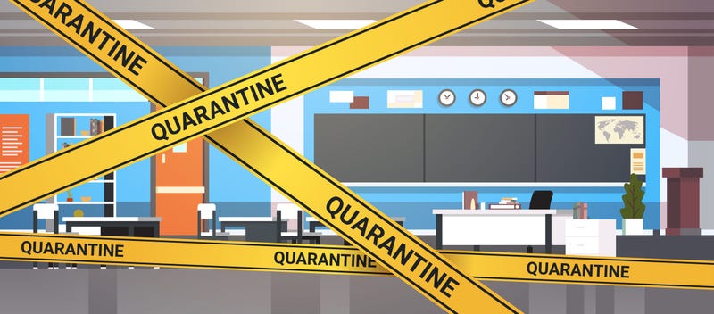 epidemic MERS-CoV quarantine caution on yellow warning tape modern school classroom interior coronavirus infection wuhan 2019-nCoV pandemic health risk concept horizontal 