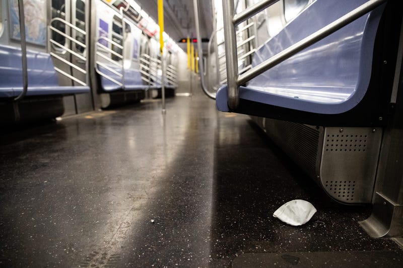 A protective mask is seen on an empty subway floor on April 28, 2020 in New York City.