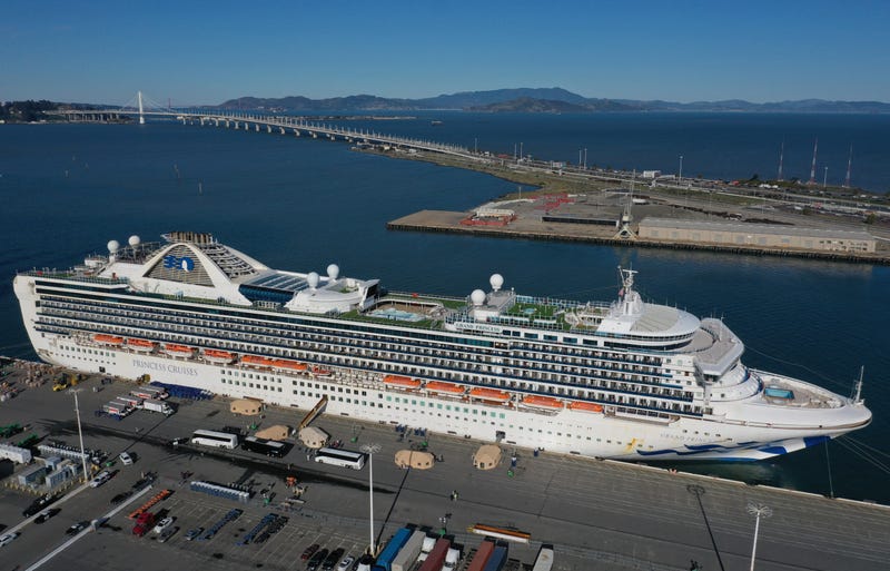 Passengers disembark from the Princess Cruises Grand Princess cruise as it sits docked in the Port of Oakland on March 10, 2020 in Oakland, California.