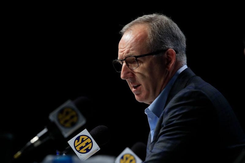 Greg Sankey the Commissioner of the SEC addresses the media following the announcement of the cancellation of the SEC Basketball Tournament at Bridgestone Arena on March 12, 2020 in Nashville, Tennessee.