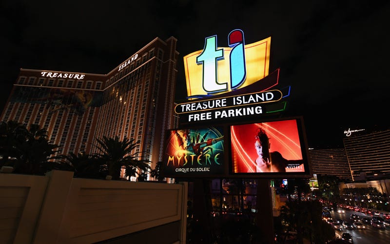 The marquee at the Treasure Island Hotel & Casino shows advertisements for the “Mystere by Cirque du Soleil” show as the coronavirus continues to spread across the United States on March 14, 2020 in Las Vegas, Nevada.