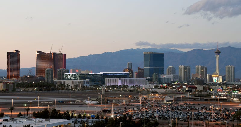 A general view shows hotel-casinos as the coronavirus continues to spread across the United States on March 15, 2020 in Las Vegas, Nevada. MGM Resorts International announced on Sunday that it will suspend casino operations on Monday and hotel operations 