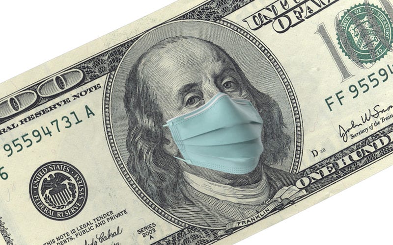 American One Hundred Dollar Bill with surgical mask. Protection from Coronavirus on economy.