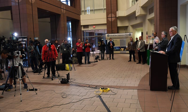 Nevada Gov. Steve Sisolak (R) speaks to members of the media, who were asked to spread out every six feet to maintain social distancing, during a news conference on the state's response to the coronavirus outbreak at the Grant Sawyer State Office Building