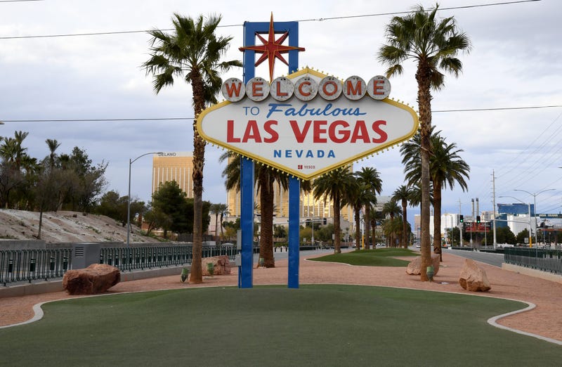 The area in front of the Welcome to Fabulous Las Vegas sign, where tourists often line up to take photos, is shown empty as most businesses in the area are closed as a result of the statewide shutdown due to the continuing spread of the coronavirus across