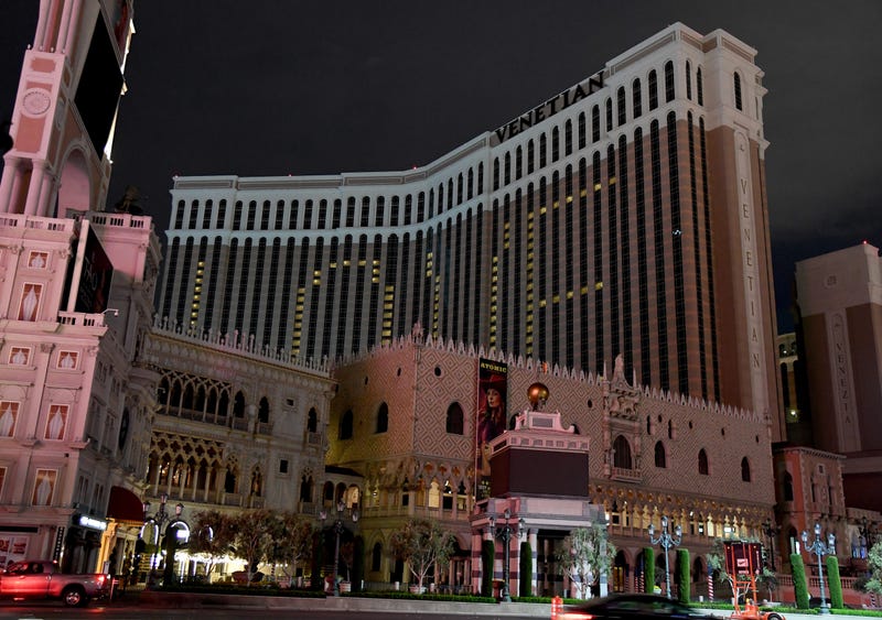  The shuttered Venetian Las Vegas on the Las Vegas Strip is shown with its exterior lights turned off in observance of Earth Hour