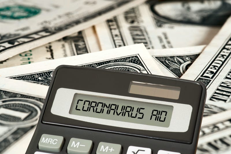 Dollar banknotes, calculators and aid package Coronavirus in USA