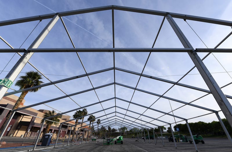 Scaffolding for the new Cashman ISO-Q (Isolation-Quarantine) Complex for the homeless, under construction as a result of the coronavirus pandemic, is shown at Cashman Center on March 31, 2020