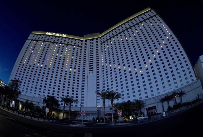 This image was shot with a fisheye lens.) An exterior view shows guest rooms at the shuttered Park MGM on the Las Vegas Strip