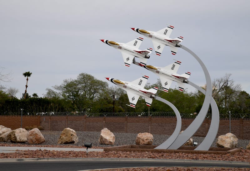 A sculpture of the U.S. Air Force Air Demonstration Squadron Thunderbirds at the main gate of Nellis Air Force Base is shown on April 3, 2020 in Las Vegas, Nevada.