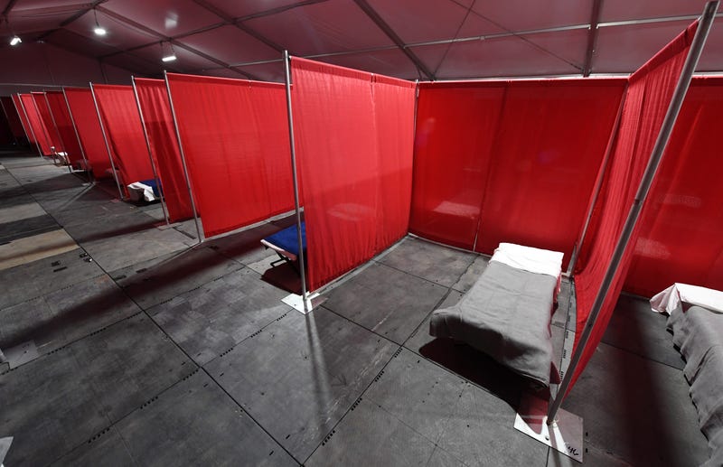 Cots are set up in a quarantine tent at the joint Clark County-City of Las Vegas ISO-Q (Isolation and Quarantine) Complex for the homeless that was constructed in the parking lot at Cashman Center in response to the coronavirus pandemic on April 13, 2020