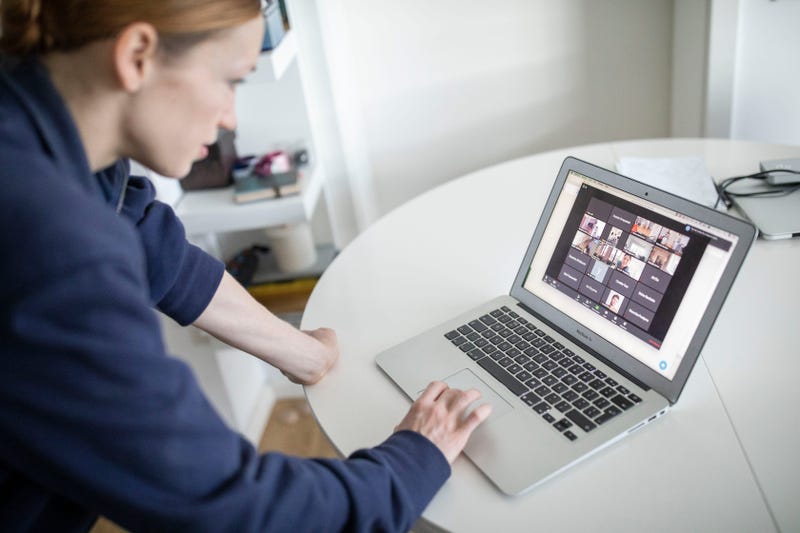 Ksenia Ovsyanick, Principal Dancer at Staatsballett Berlin starts her zoom meeting to practice at home during the coronavirus crisis on April 24, 2020 in Berlin, Germany.