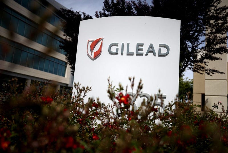 A sign is posted in front of the Gilead Sciences headquarters on April 29, 2020 in Foster City, California. Gilead Sciences announced preliminary results of remdesivir trial