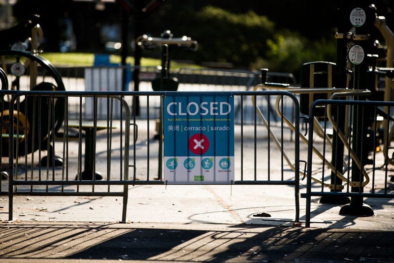 Outdoor exercise equipment are closed at Panhandle Park during the coronavirus pandemic on May 03, 2020 in San Francisco.