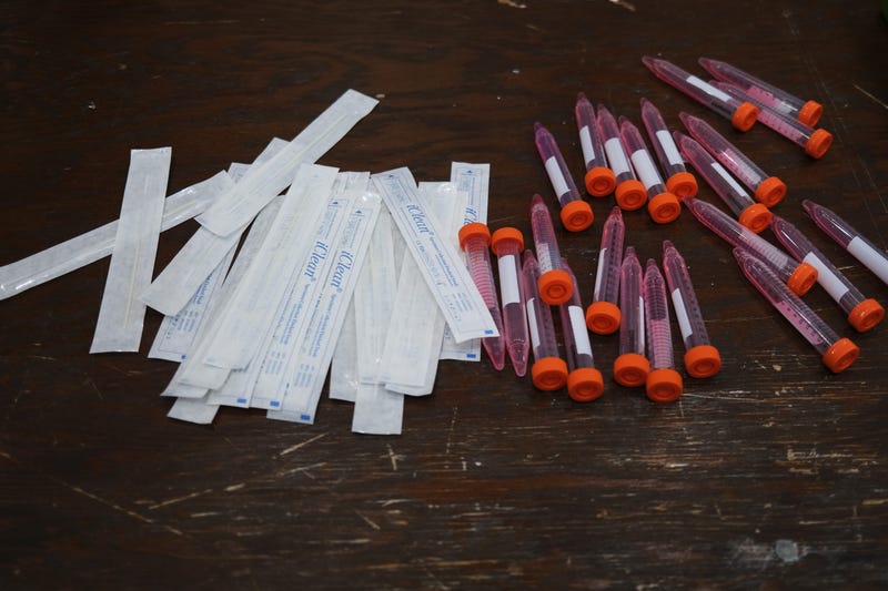 Testing kits are displayed on a table as medical workers test for COViD-19 at Abyssinian Baptist Church, one of 11 churches across the city as well as Nassau County and Westchester that has begun testing for the virus on May 13, 2020 in New York City. 