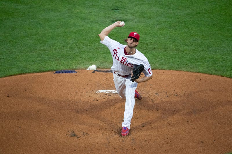 The Phillies' Aaron Nola throws a pitch in the top of the first inning during Opening Day game against the Miami Marlins at Citizens Bank Park on July 24, 2020 in Philadelphia, Pennsylvania.