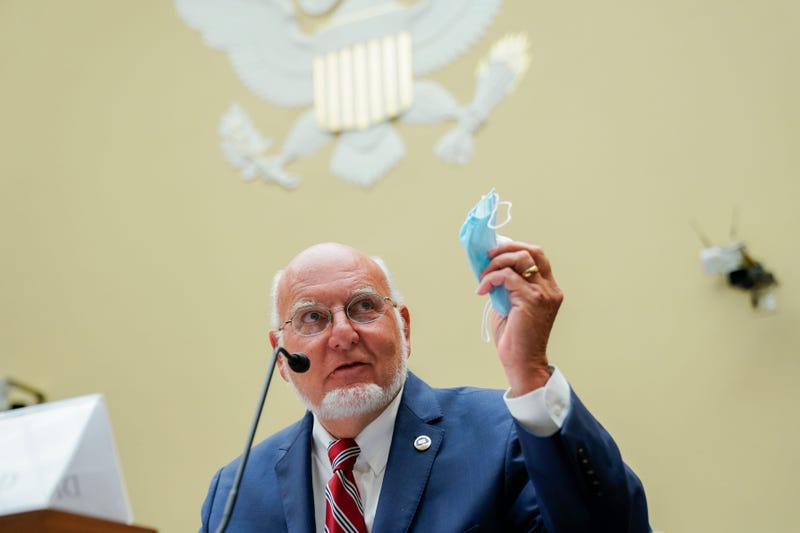 Robert Redfield, director of the Centers for Disease Control and Prevention (CDC) holds a protective mask while testifying during a House Select Subcommittee on the Coronavirus Crisis hearing on July 31, 2020 in Washington, DC.