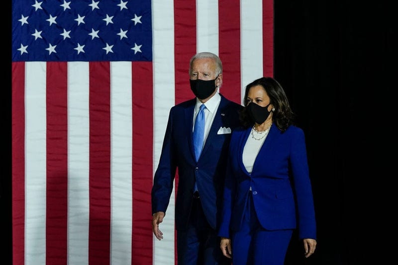 Presumptive Democratic presidential nominee former Vice President Joe Biden and his running mate Sen. Kamala Harris (D-CA) arrive to deliver remarks at the Alexis Dupont High School 