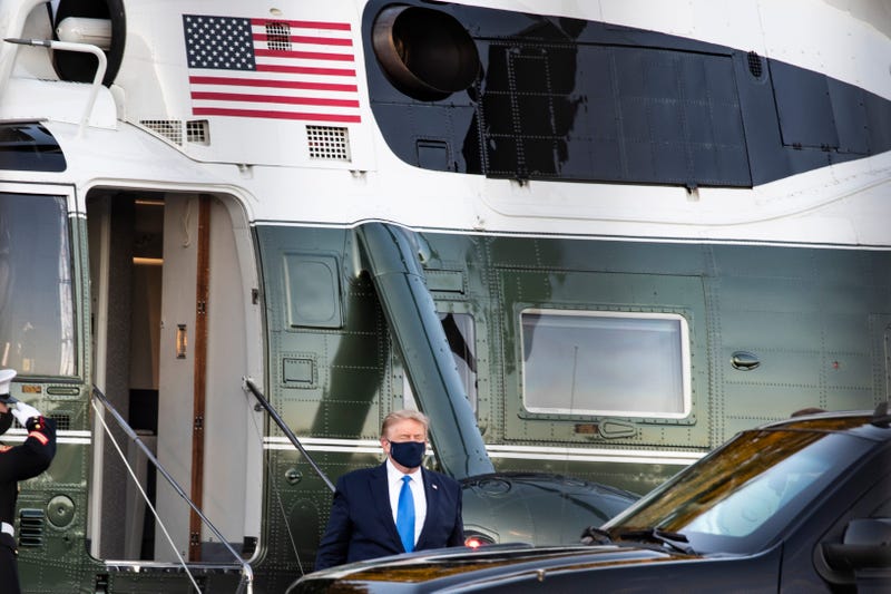OCTOBER 02: U.S. President Donald Trump exits Marine One at Walter Reed National Military Medical Center on October 2, 2020 in Bethesda, Maryland. Trump announced that he and First Lady Melania Trump tested positive for COVID-19 early this morning.