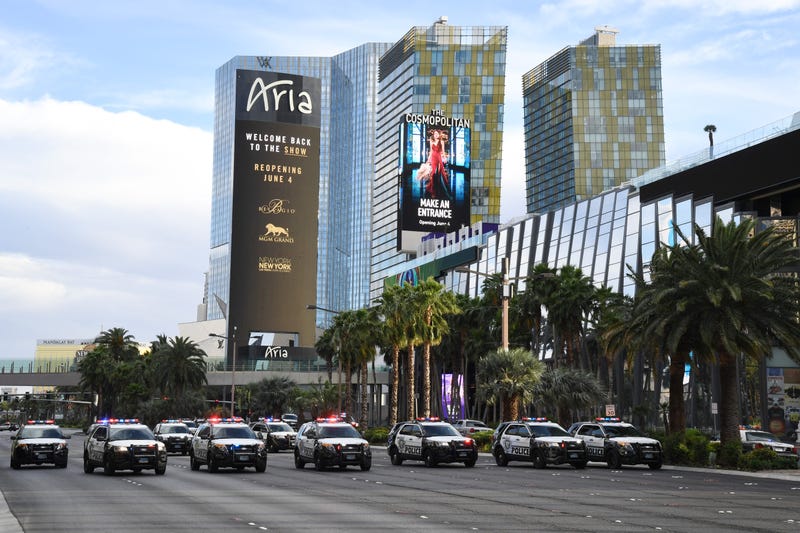  Las Vegas Metropolitan Police Department vehicles block Las Vegas Boulevard in both directions during a Black Lives Matter demonstration demanding justice for the death of George Floyd on May 29, 2020