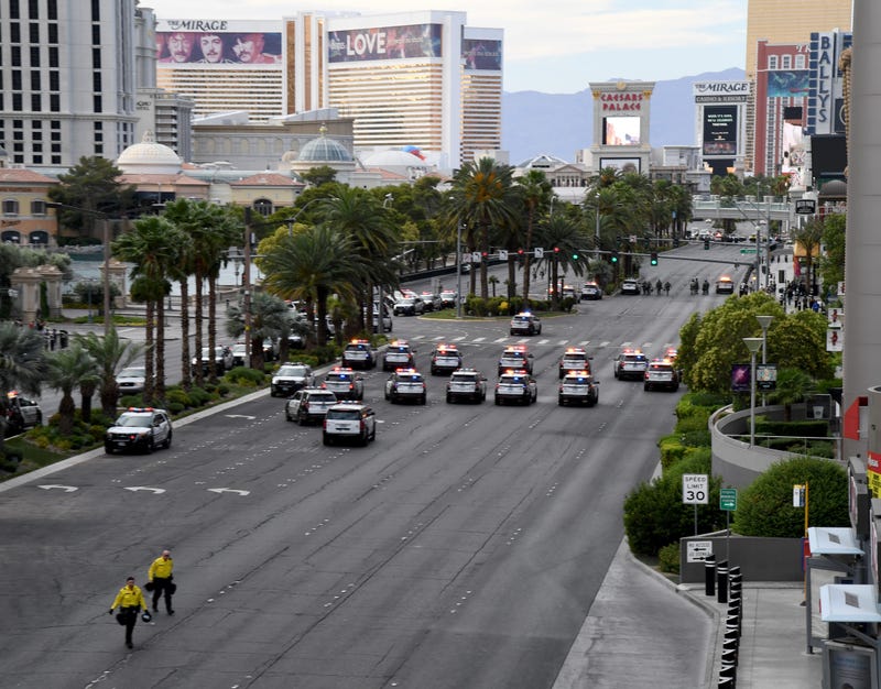 Las Vegas Metropolitan Police Department vehicles block Las Vegas Boulevard in both directions during a Black Lives Matter demonstration demanding justice for the death of George Floyd on May 29, 2020 in Las Vegas, Nevada. 