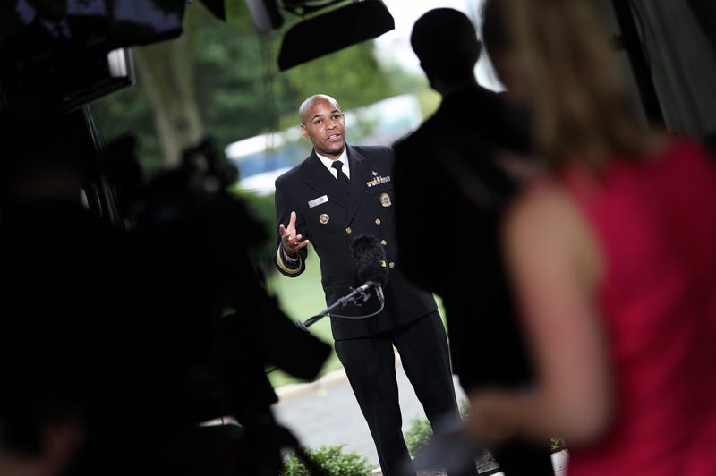 WASHINGTON, DC - JULY 07: U.S. Surgeon General Jerome Adams answers questions during a television interview July 7, 2020 in Washington, DC. Adams recently argued against a nationwide mask mandate to battle coronavirus indicating such a mandate would lead 