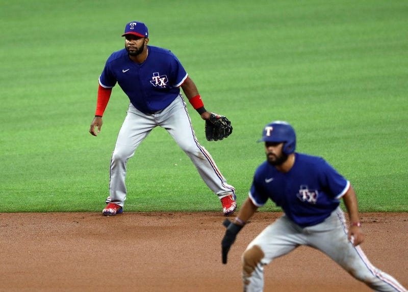 Elvis Andrus #1 of the Texas Rangers in a intrasquad game during Major League Baseball summer workouts at Globe Life Field on July 07, 2020 in Arlington, Texas